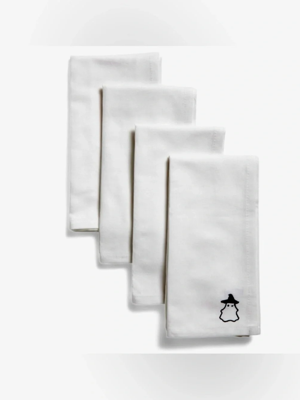 Cupcakes and Cashmere Set of 4 White Napkins Embroidered Ghost in Hat Halloween